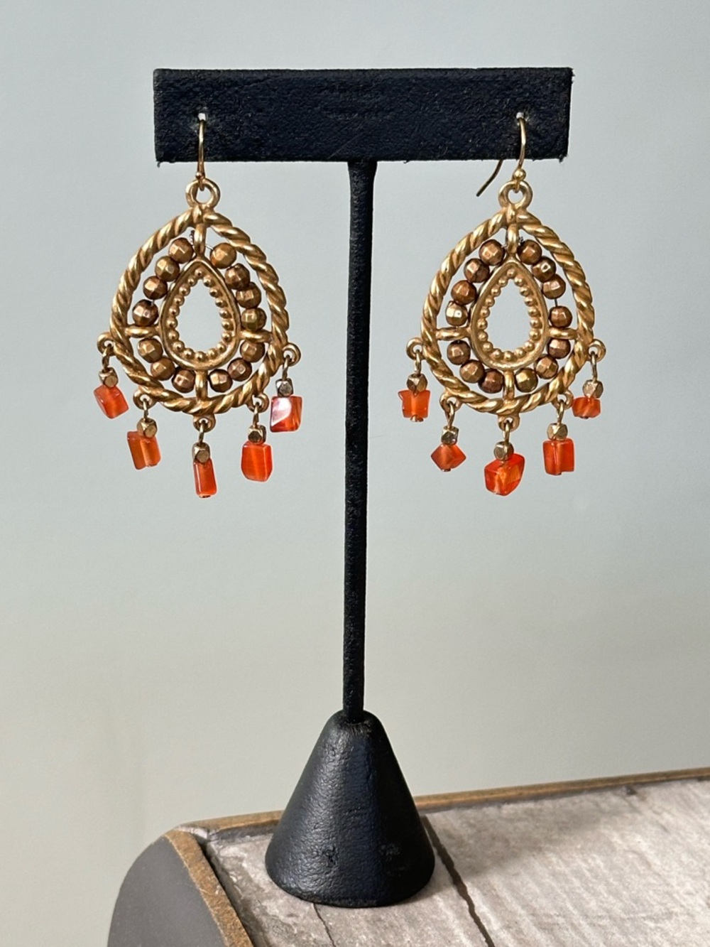 Gold Teardrop Earrings w/ Orange Stone Beads Boho Y2K Coconut Girl Tropical